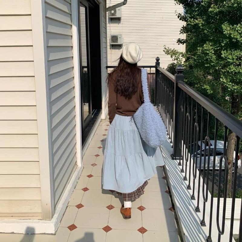 Art Gallery Girl Burán Patchwork Corduroy A-Line Skirt - Vintage High-Waist Blue Heavywork Midi Half Skirt for Fall/Winter