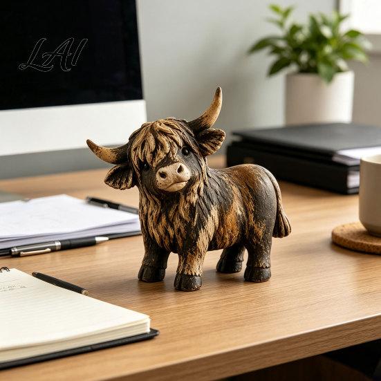 Handmade Highland Cow Gift Farmhouse Figurine Resin Scottish Bull Statue Rustic Hand Carved Crafts Tabletop Ornament Country Style Shelf