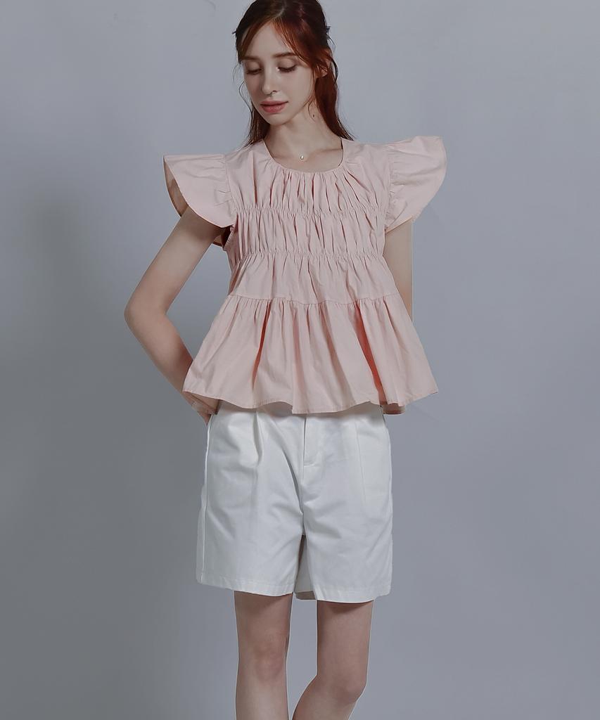 Keulleiseu Frill Round Neck Short Sleeve Blouse_Yellow