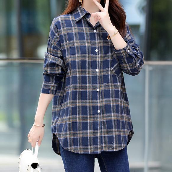

Классическая клетчатая рубашка, простые топы, весенне-осенние рубашки с длинными рукавами с лацканами, женская хлопковая блузка с начесом, азиатский размер XXL синий