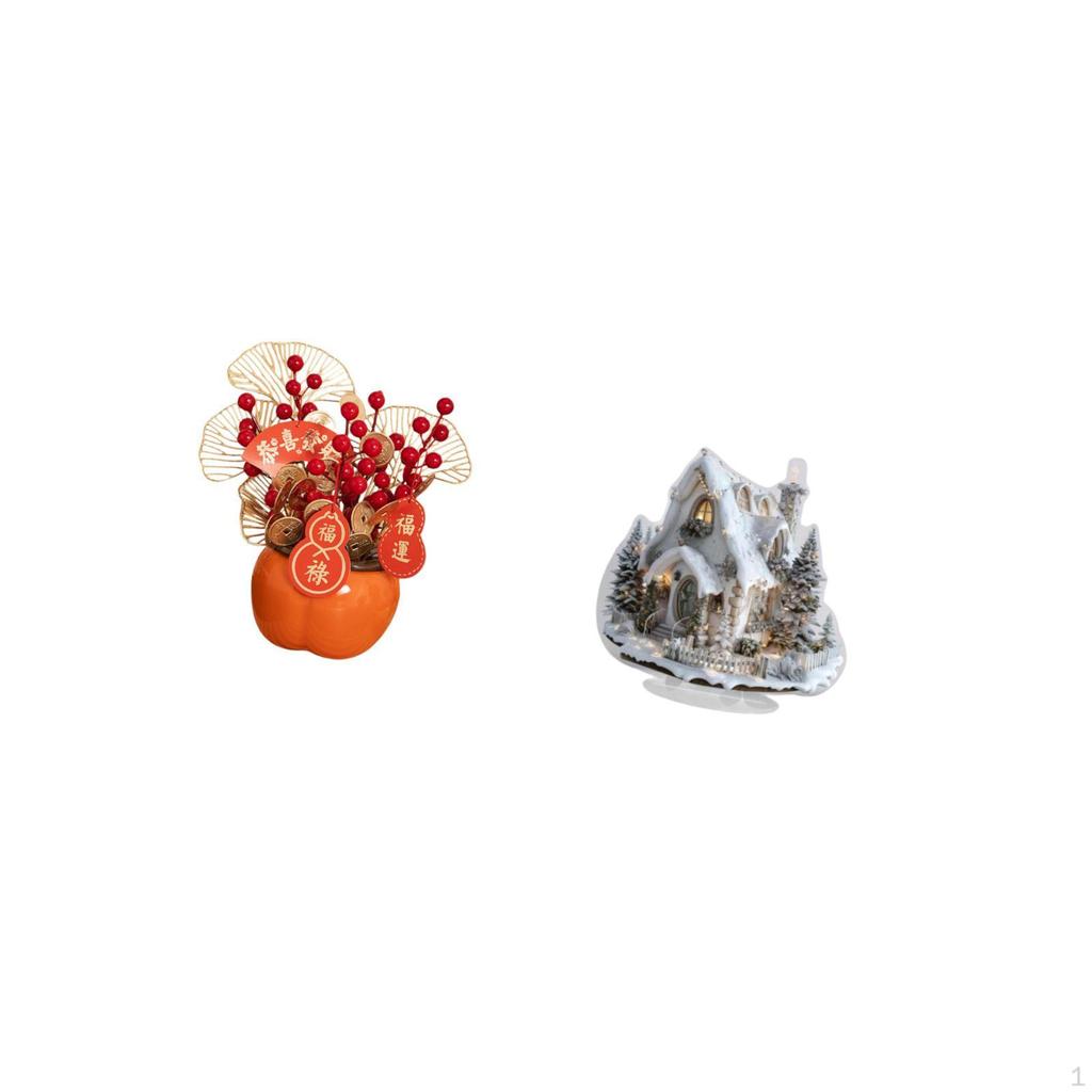 Artificial Bonsai Flower Bucket Chinese Year Spring Festival Desk Decoration with Acrylic Snow