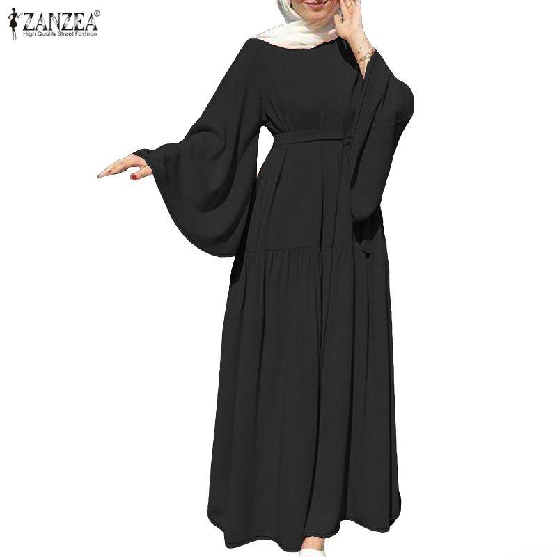 ZANZEA Abito Casual da Donna Musulmana a Girocollo, Monocolore, Manica Lunga