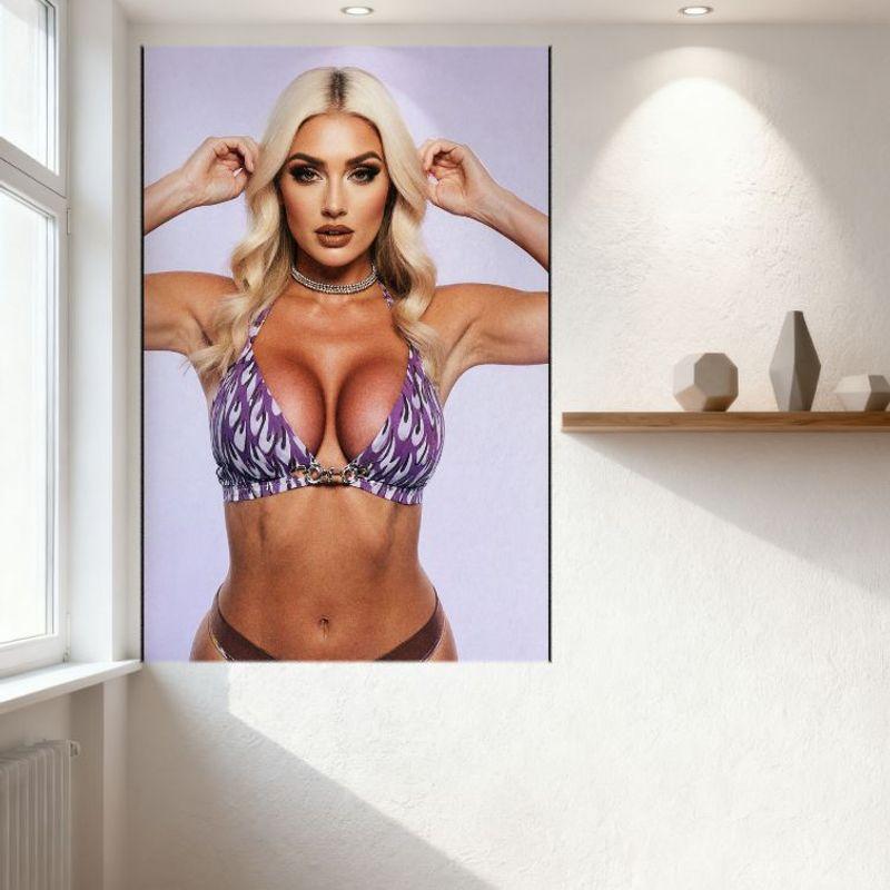 Sexy Blonde Woman with Muscular Physique Purple Bikini Metal Chain Detail Tin Sign Vintage Wall Decor for Bar Pub Home Cafe 8x12
