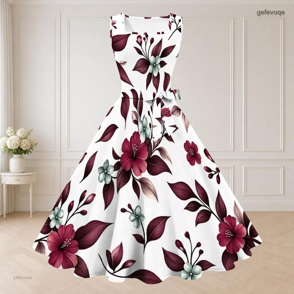 Women Plus Size Floral Printed Two Piece Set Square Neck Sleeveless Tie Waist Flared Dress Short Sleeve Cropped Shrug