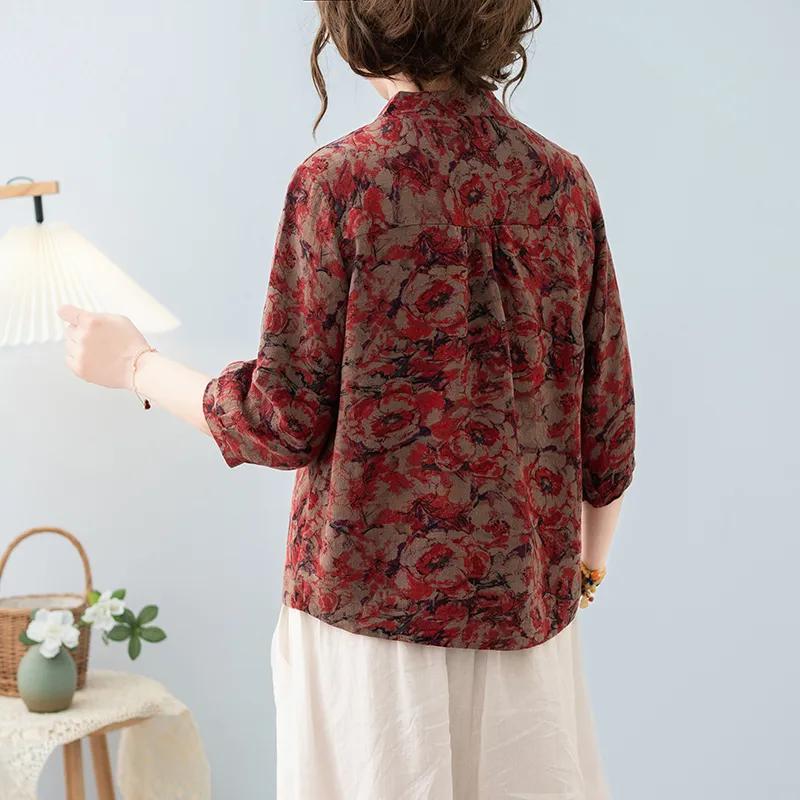 T-shirt d'été décontracté pour femme à manches 3/4 amples en coton et lin
