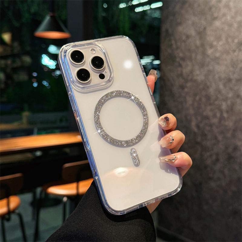 Luxury Glitter Magsafe Wireless Charge Case for iPhone 16 15 14 13 12 Pro Max Plus Magnetic Plating Clear Hard Back Cover