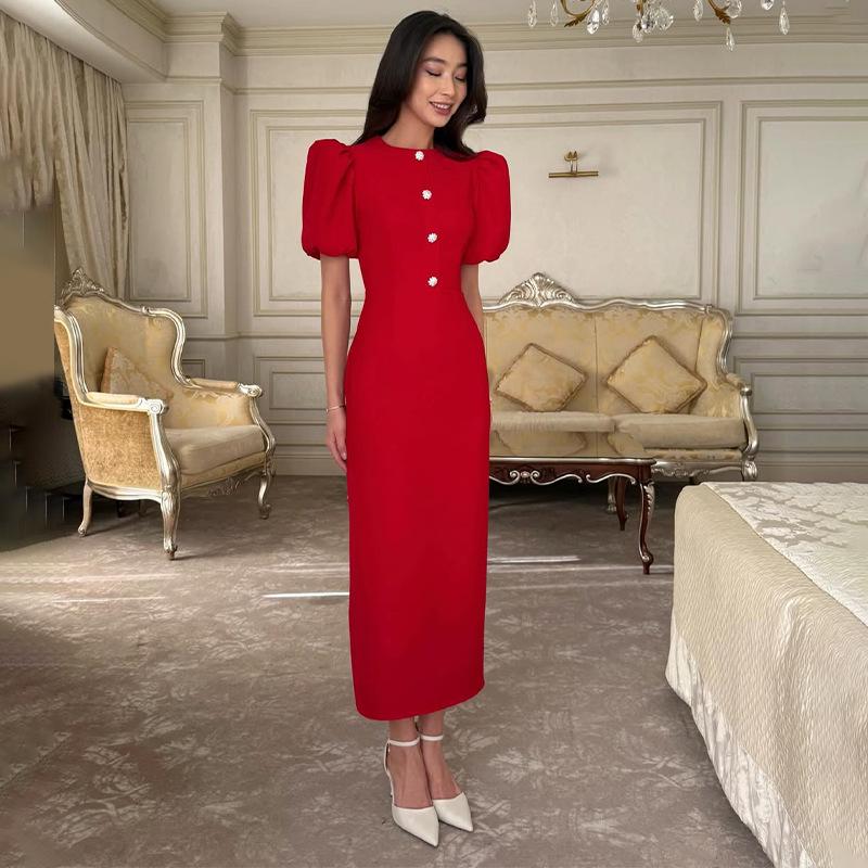 European & American Women's Fashion: Solid Color Round Neck Short Sleeve Buttoned Bodycon Dress (Style 2026)