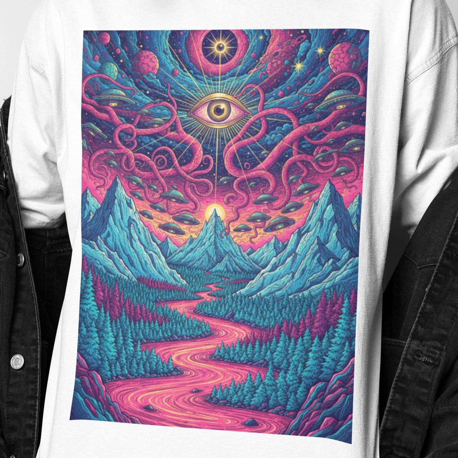 UFO Invasion Psychedelic Graphic Shirt | Surreal Cosmic Landscape Tee | Trippy Fantasy Art T Shirt M
