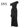 Solid Color Women Dress Lady Evening Slant Neck Off Shoulder Sleeveless Pleated Lace-up Sash Decor Long Irregular Design Slim Fit Prom Party