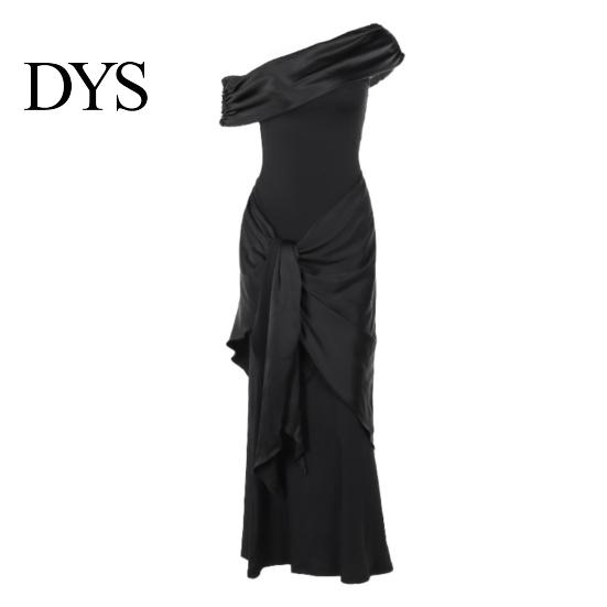 Solid Color Women Dress Lady Evening Slant Neck Off Shoulder Sleeveless Pleated Lace-up Sash Decor Long Irregular Design Slim Fit Prom Party