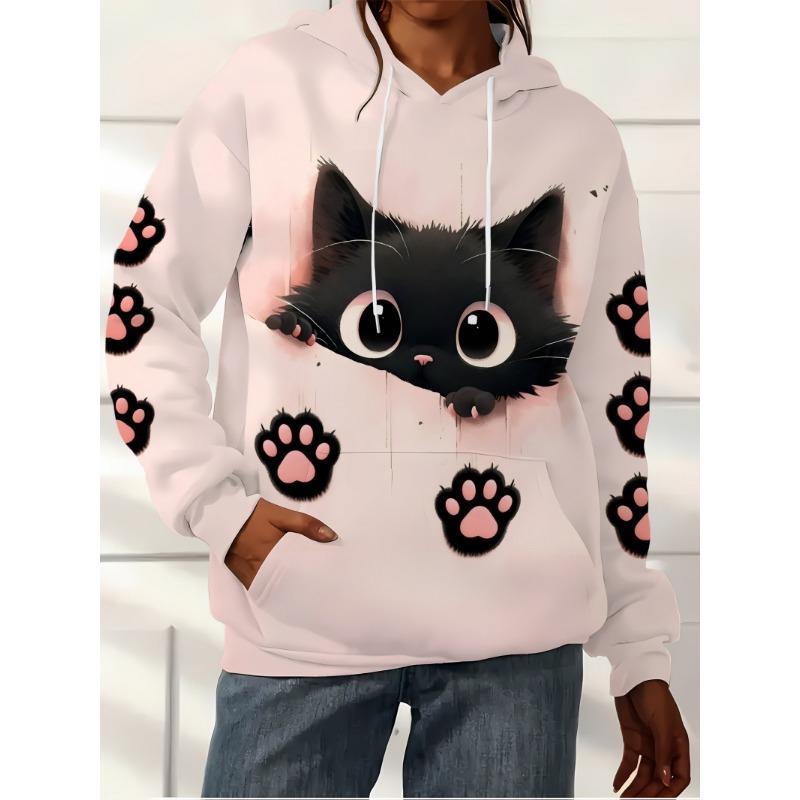 Women's Casual Hooded Sweatshirt with Pockets, Cute Cat Print, Pink Graffiti Background, Everyday Relaxed Fit