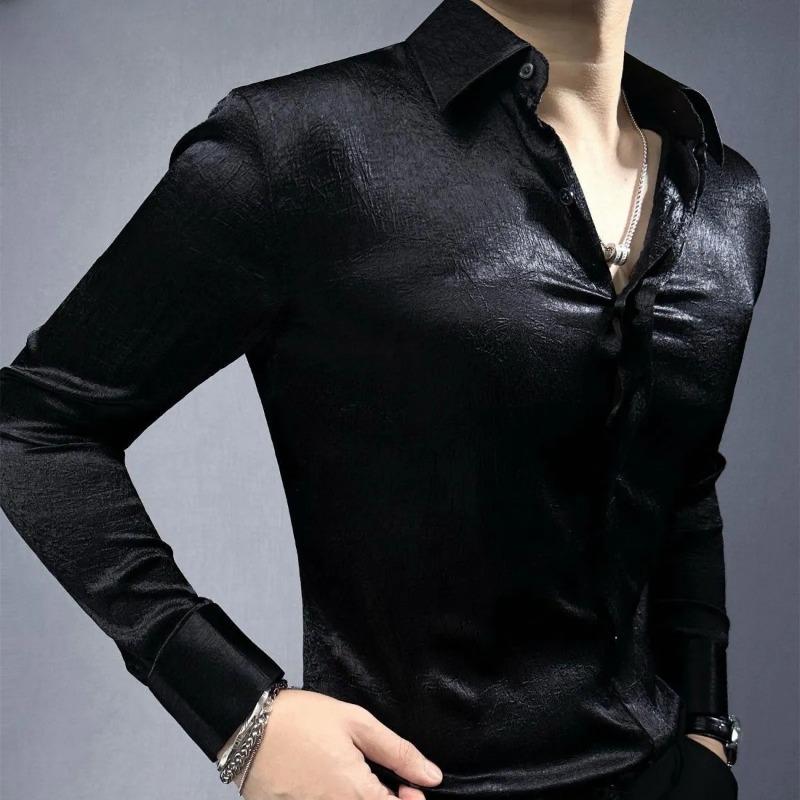 Men's Shiny Long-Sleeve Button-Down Shirt with Slim Fit