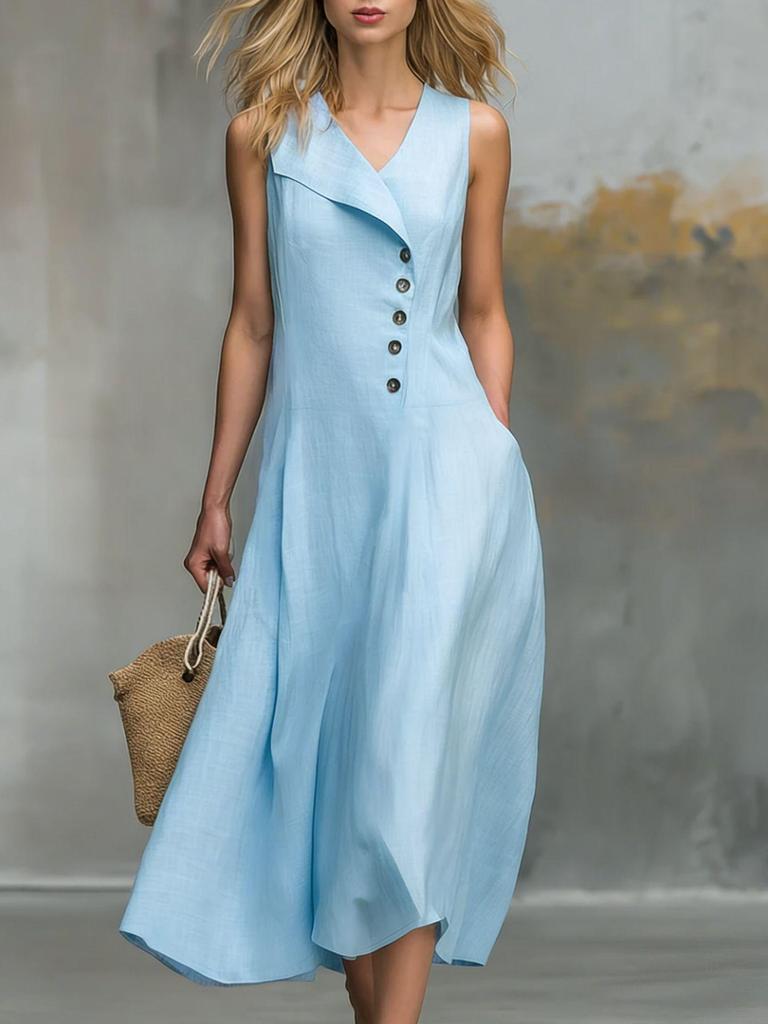 Lapel Button Closure Sleeveless Solid Color Women's Dress
