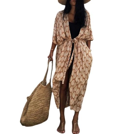 Women Bikini Cardigan Loose Breathable V-Neck Cover-Up Printing Lace-up Design Loose