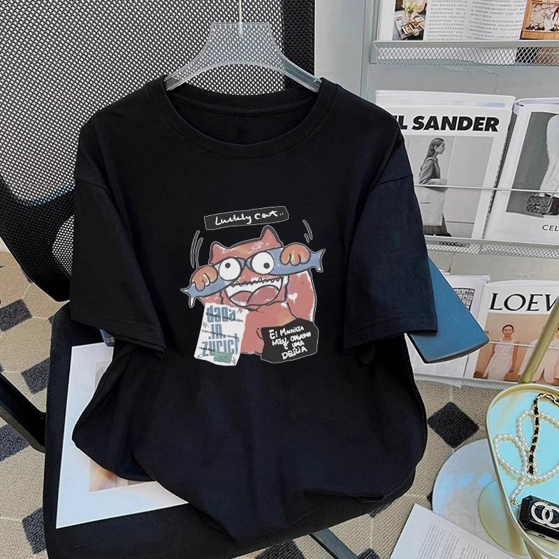 American retro cotton short-sleeved T-shirt women's summer design sense European goods medium and long round neck printed t-shirt top tide