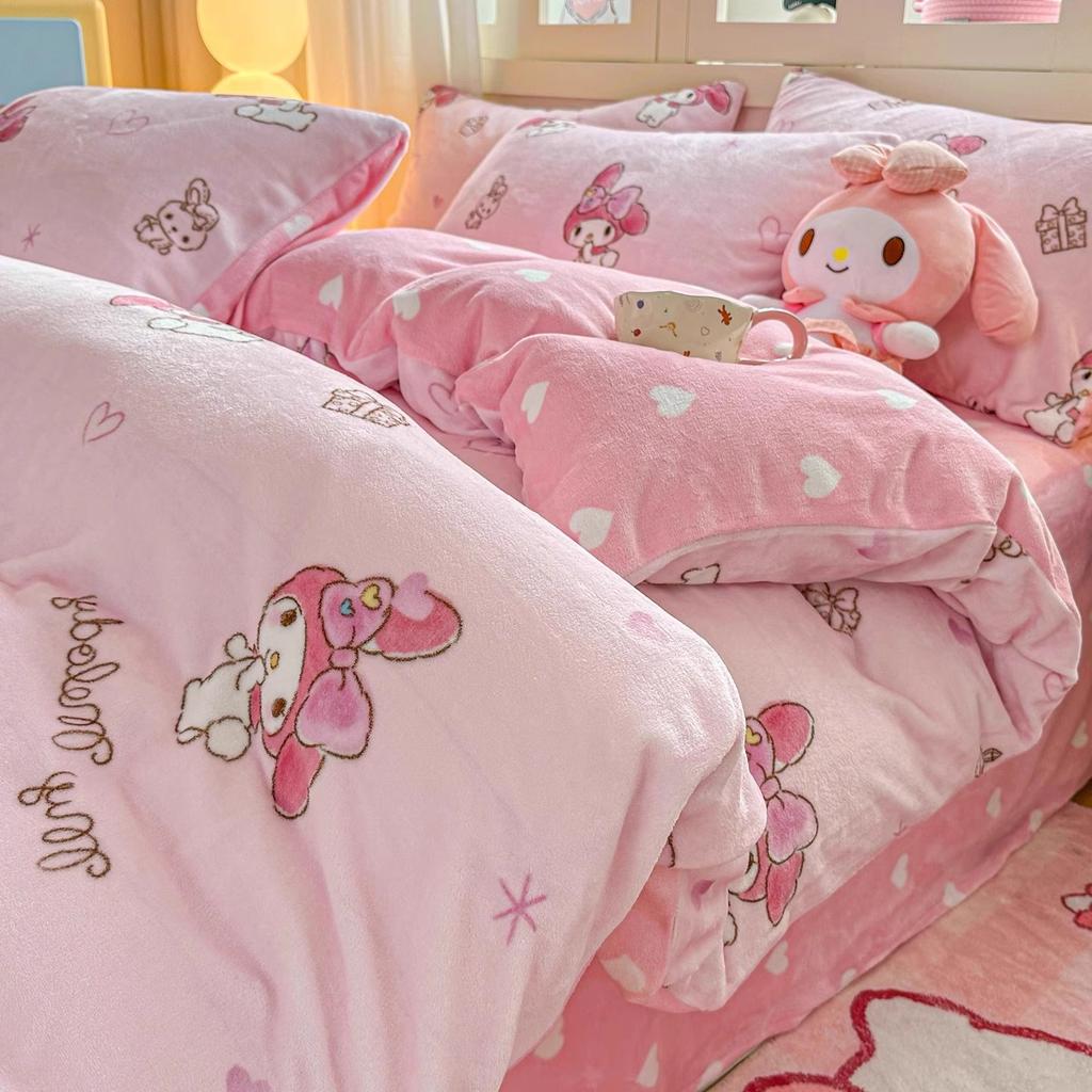 Children'S Thickened Milk Fleece Bed Four-Piece Warm Coral Fleece Fleece Quilt Cover Student Bedding