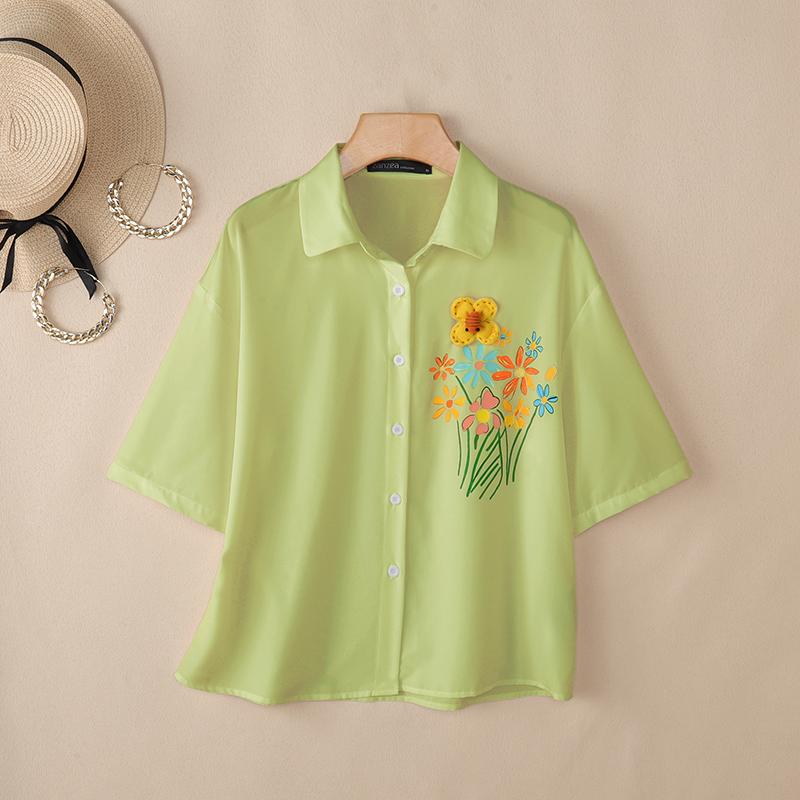 ZANZEA Women Casual Turn Down Collar Loose Floral Print Half Sleeve Blouse
