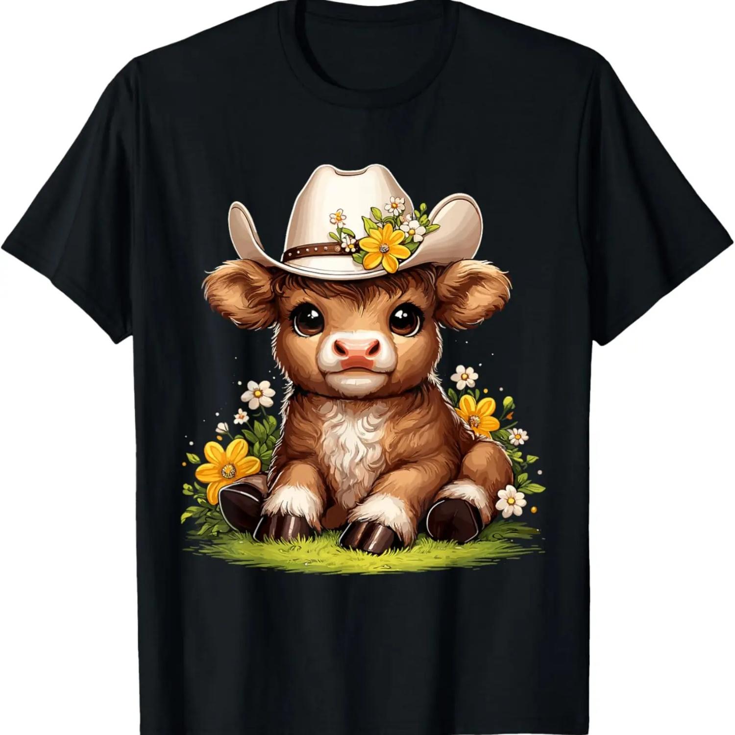 Scottish Highland Cow Flowers Cattle Hairy Cow T-Shirt S чёрный