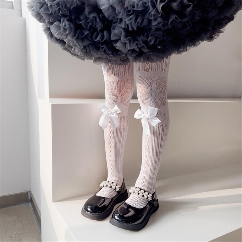 Fashion Fishnet Leggings for Girls Large Bowknot Tights Hollowout Stockings Kids Pantyhose for Summer Spring Dresses