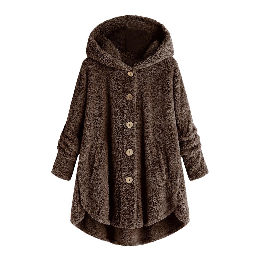 Kvinner Plus Size Button Plysj Topper Hette Løs Cardigan Ull Kåpe Vinterjakke