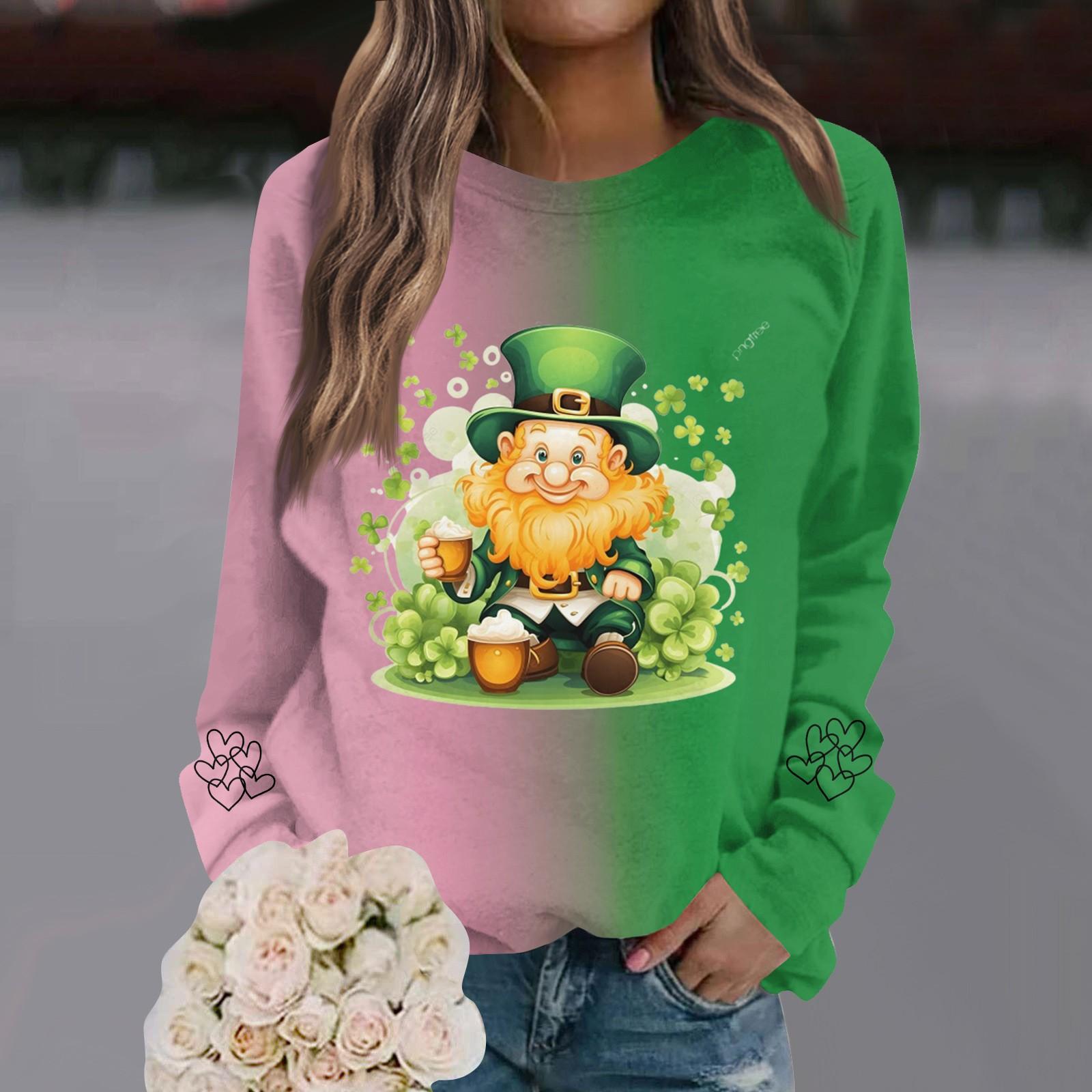 

Женская мода повседневная с круглым вырезом свободный длинный рукав St. Свитшот с градиентным принтом ко Дню Святого Патрика L армия зеленый