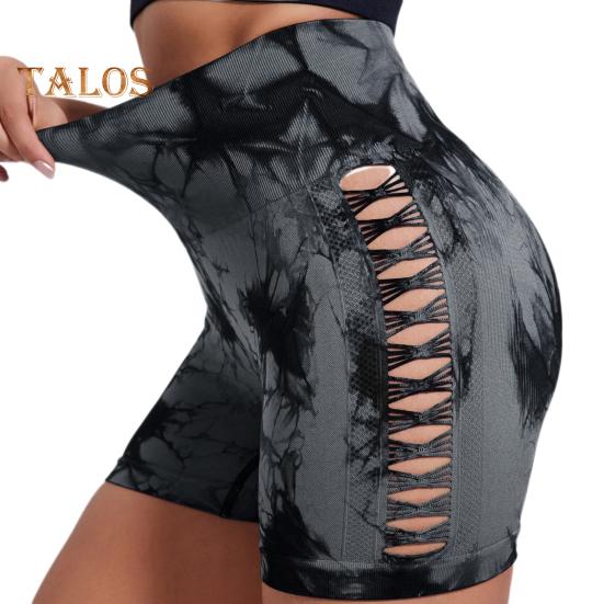 Pantalones cortos de yoga de corte ajustado, alta elasticidad, control de abdomen, sin costuras, secado rápido, teñido anudado, ahuecados, antiexposición, realzan los glúteos, cintura alta suave, para correr