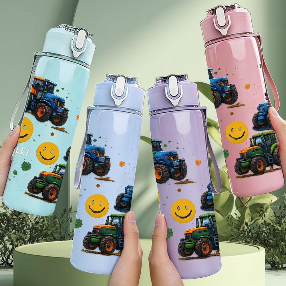 1PC Smiley Face Tractor Pattern 750ml Color Plastic Sports Water Bottle Leakproof Flip Straw Lid Suitable for Sports Office Home Use