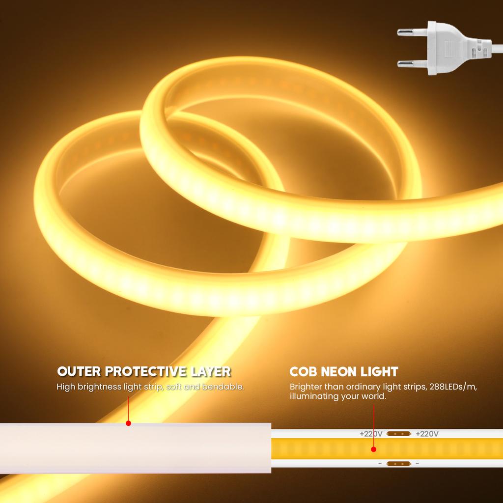 288LEDs/M COB NEON Light 220V 40M 35M 30M 25M 20M 15M 10M FOB Tape Ribbon EU UK Plug IP67 Waterproof Linear Lighting For Bedroom