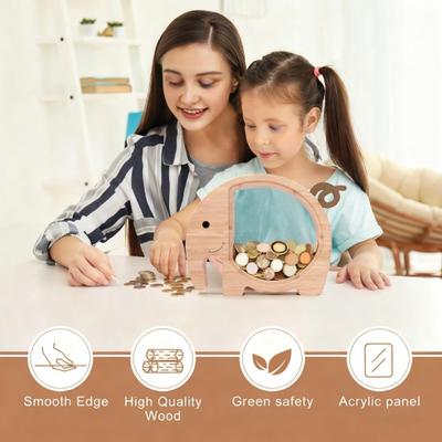 Wooden Elephant Piggy Bank Kids Coin Bank Savings Jar with Transparent Window Cute Unbreakable Money Box Birthday Gift for Boys Girls