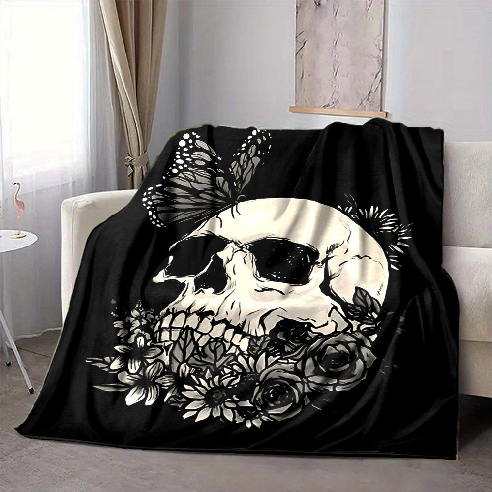 1pc Skull Flowers Lightweight Flannel Blanket, Comfortable and Warm Blanket, for Office and Camping Sofa Bed, Livingroom113
