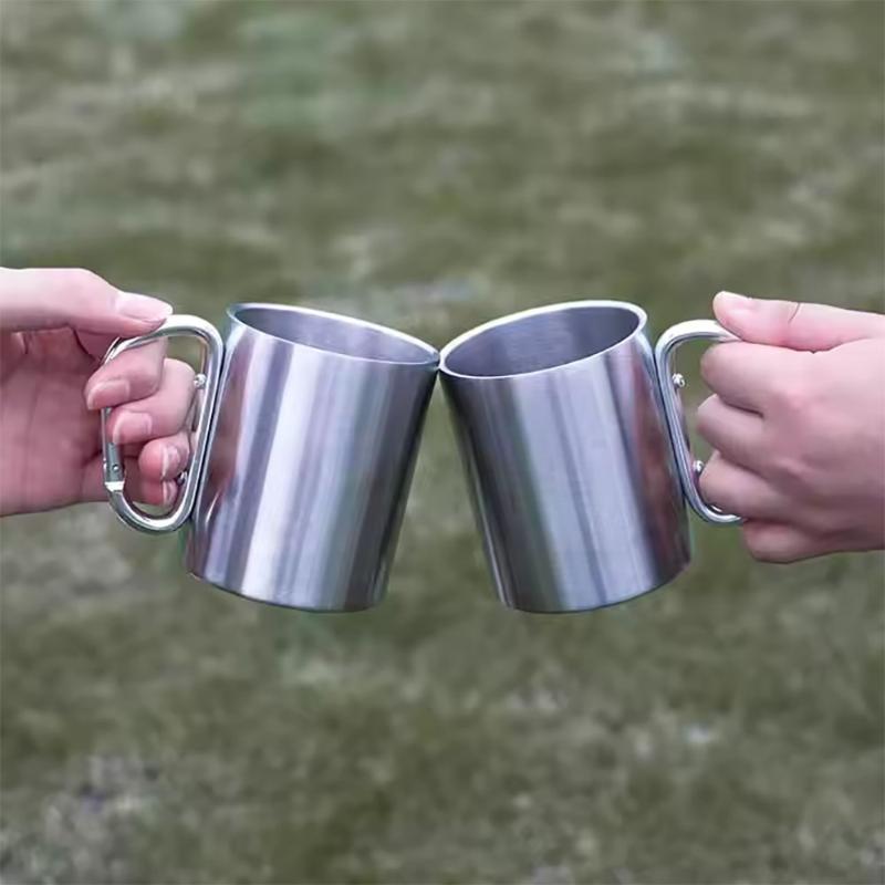 Stainless Steel Mountaineering Water Cup Button Coffee Camping Mug With Carabiner Handle Climbing Hiking Backpacking Travel Cups