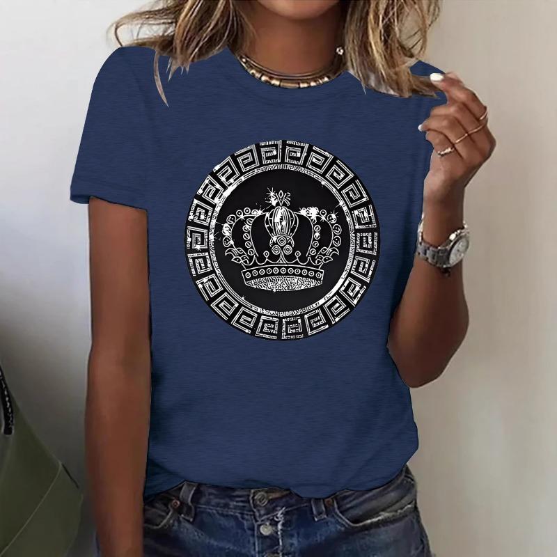 Women's Short-sleeved Loose and Fashionable T-shirt with Crown Print