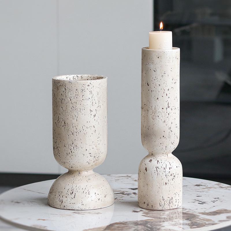Wabi-Sabi Imitation Travertine Marble Candlestick for Tea Room & Desktop Decor
