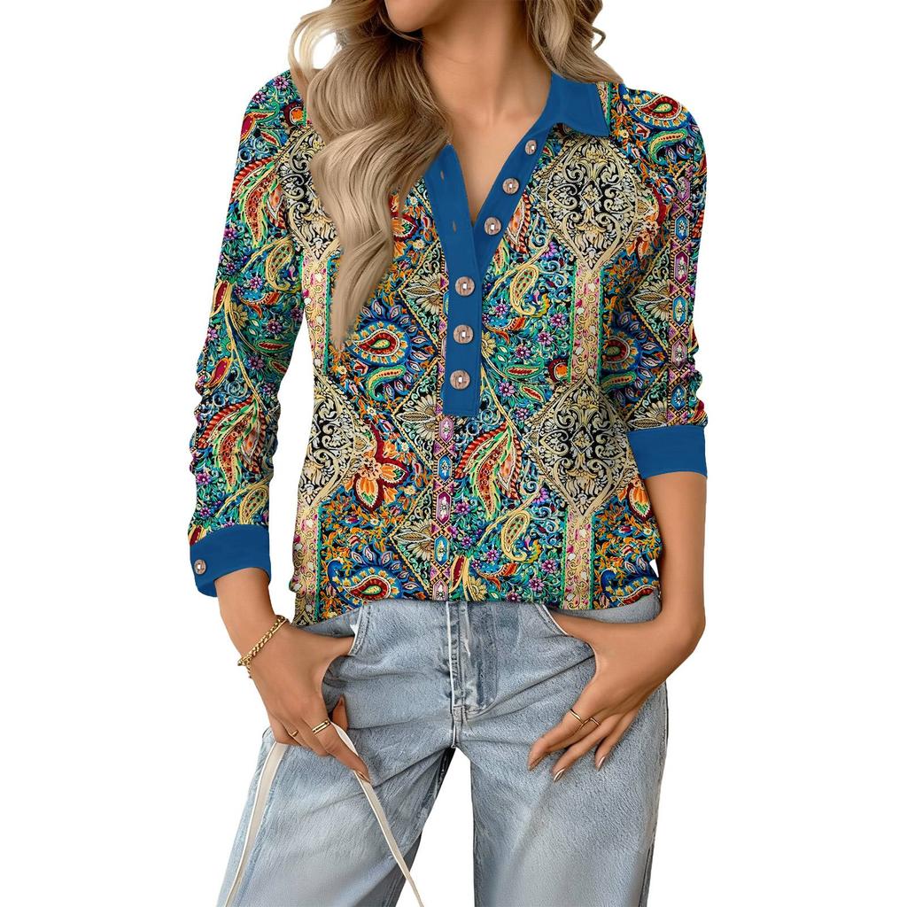 Women's Fashionable and Relaxed V,neck Long,sleeved Button,down Retro Print Pullover Top