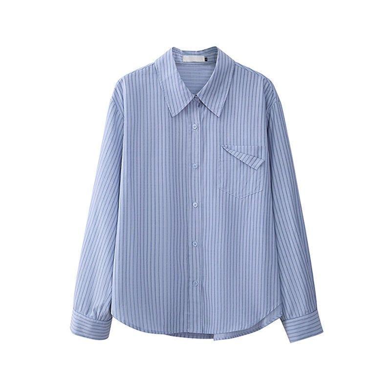 Korean blue striped thin shirt women's spring and autumn new retro loose design niche long-sleeved shirt top
