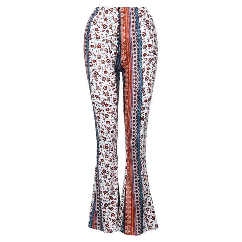 Boho Summer Women's Stretch Bell Bottom Trousers Slim Printed Flared Pants High Waist Long Pants