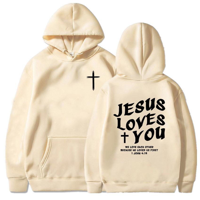 Jesus elsker deg Kristne bibelvers hettegensere Bokstavgrafikk trykk Sweatshirts Menn Kvinner Hettegensere Unisex topper