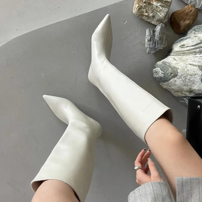 2025 Fashion Sexy Pointed  Low Heels Knee Long Boots Women's Spring/Autumn PU Sewing Party Ball Western Boots 35-40