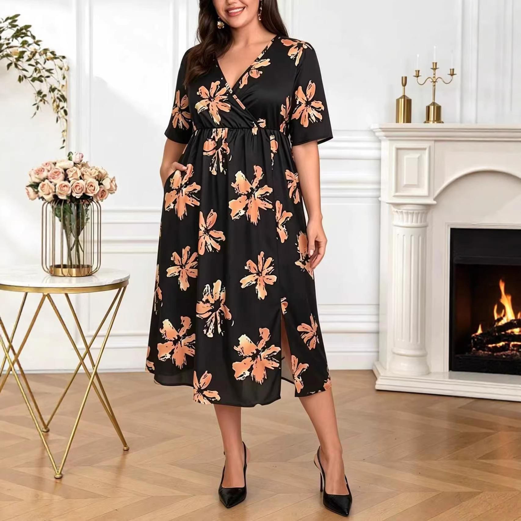 Plus size V-neck floral waist-cinching dress, summer satin elegant slimming long tea break dress, women s wholesale XL