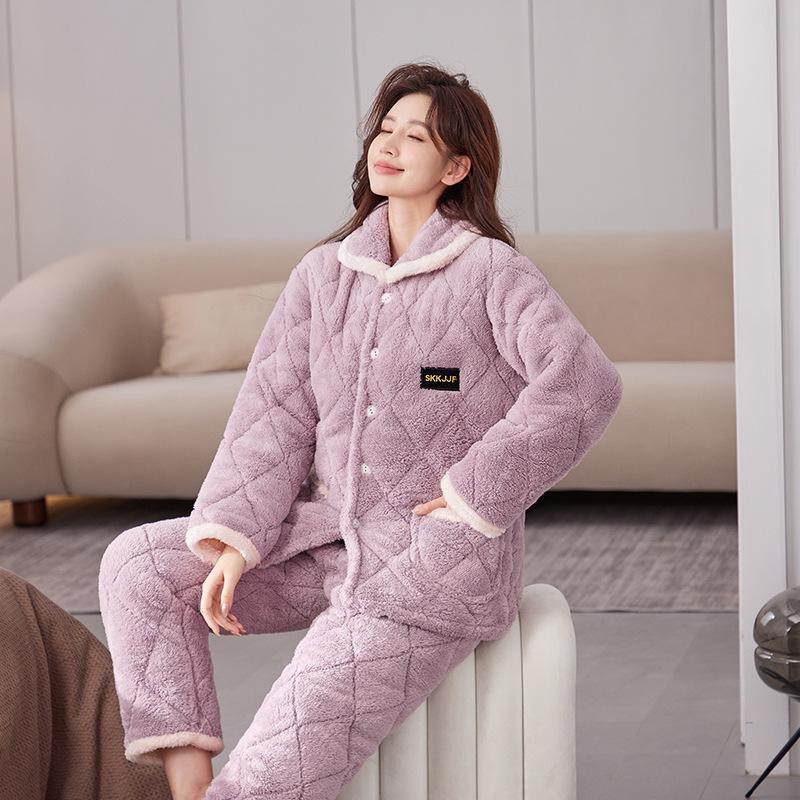 Pajamas Women's Winter Three-layer Thickened Padded Jacket Coral Fleece Lapel Super Warm Can Be Worn Outside Loungewear