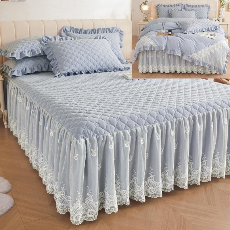 Colcha de renda estilo princesa, quatro estações, peça única, grossa, acolchoada, lavável, antiderrapante