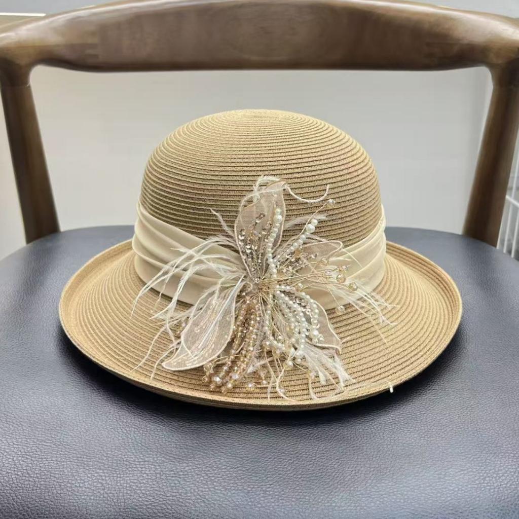 High-end straw hat women's summer seaside vacation sunscreen sunshade beach hat big edge crimped bucket hat bowler hat