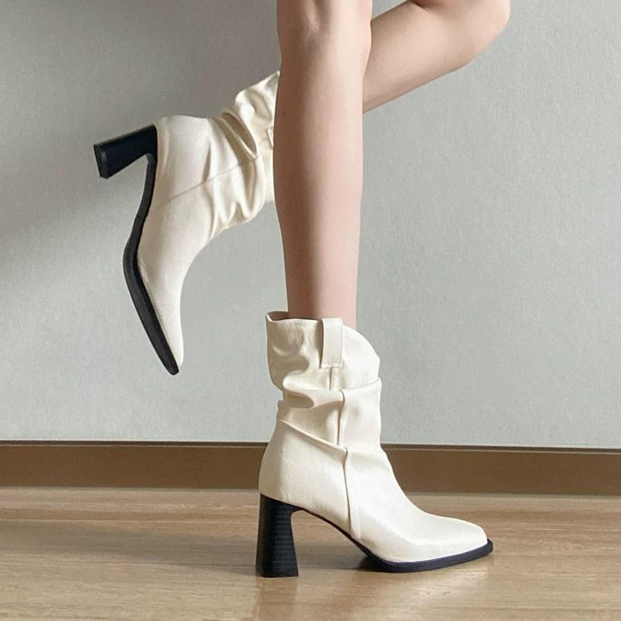 Fashion French minimalist pointed leather boots women's autumn new small thick heel heightening stack fashion boots