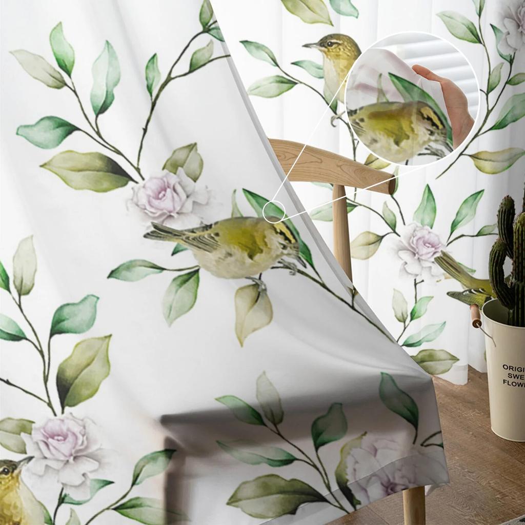 Plants Flowers Watercolor Birds Tulle Curtains for Living Room Sheer Curtain for Bedroom Kitchen Blinds Voile Curtains