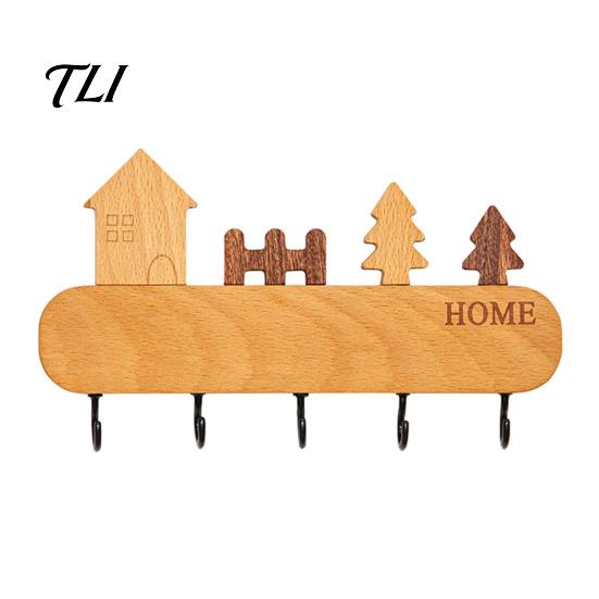 Heavy Duty Screw Fixation Hooks Wooden Key Holder with 5 Hooks, Cartoon House Theme Organizer, Multi Entryway Wall Storage Purpose Hanging Rack