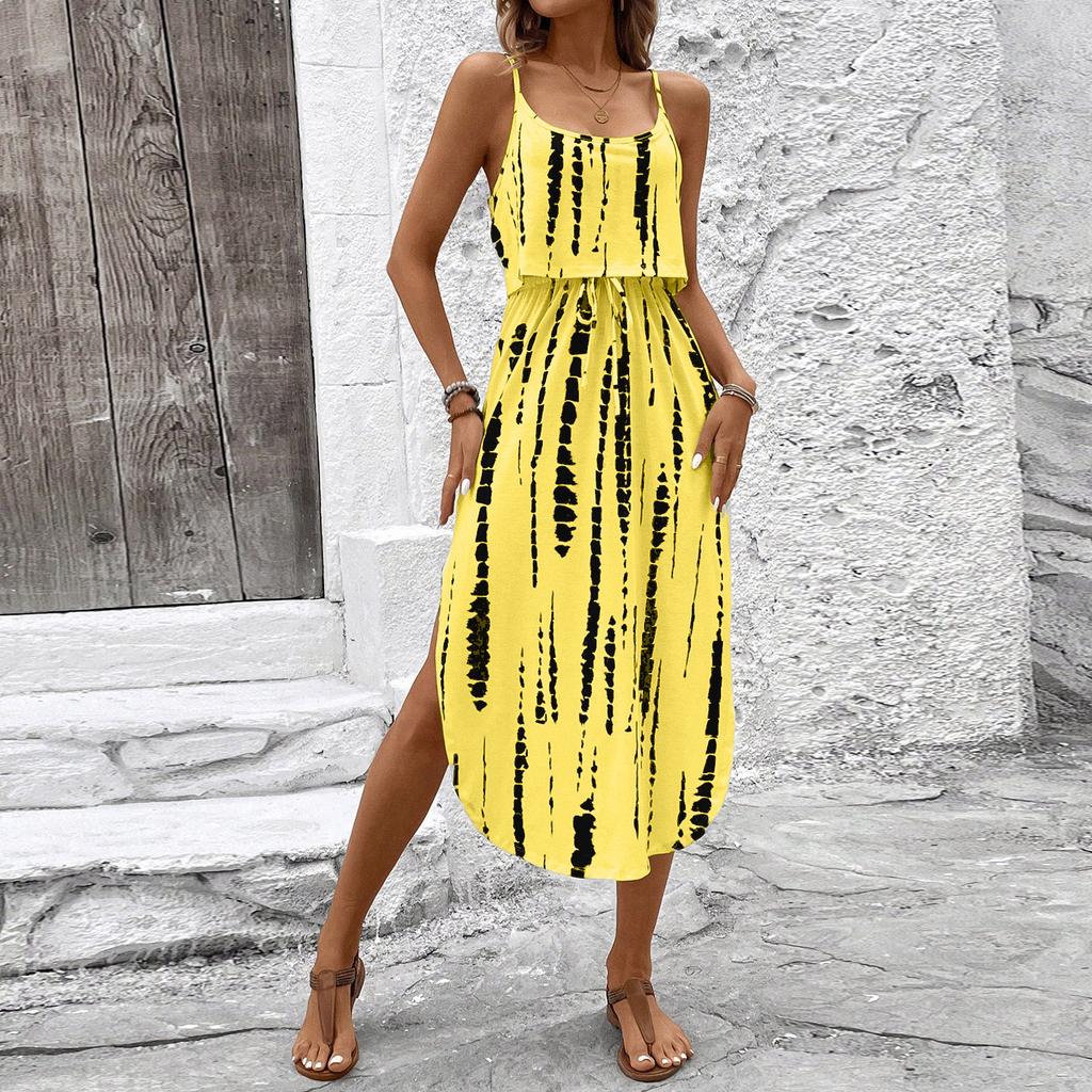 Women's Fashionable Retro Printed Camisole Waist Cinching Casual Dress