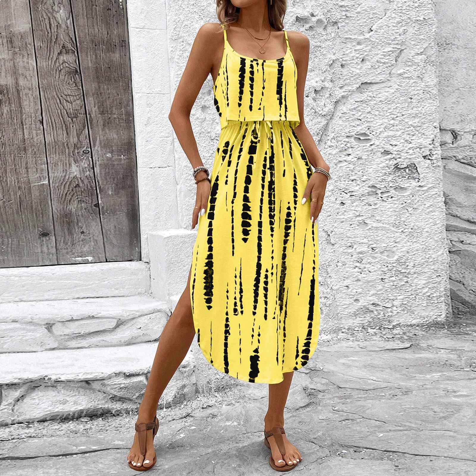 

Women s Fashionable Retro Printed Camisole Waist Cinching Casual Dress XL жовтий