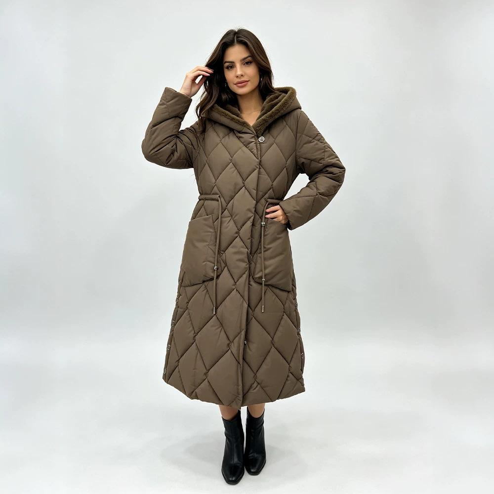 Europäische und amerikanische Winter-Damen-Mittel- und Langform, verdickt, Baumwolle, mit Kapuze, Kordelzug, figurbetont, vielseitig, Thermojacke