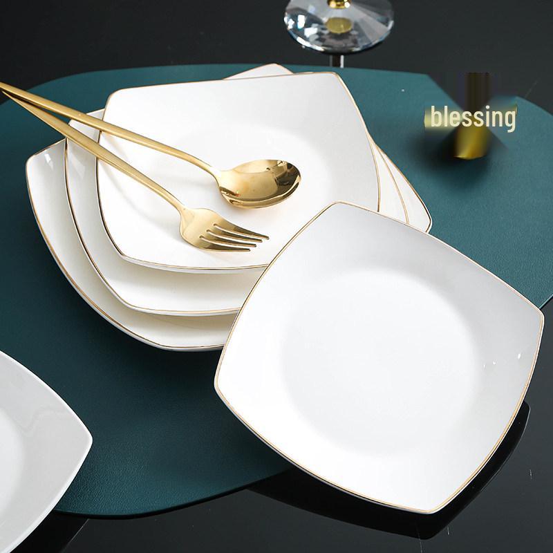 Gold-Rimmed White Ceramic Square Plate for Home: Dinner, Steak, Pasta, Dessert, Flat, or Shallow Use