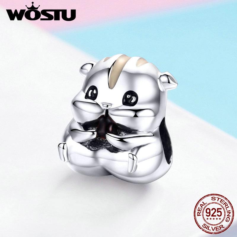 WOSTU Cute Animal Charm 925 Sterling Silver Hamster Beads Fit Original Bracelet Bangle Pendant For Women Jewelry Making CQC1133